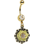 Clear Gem Gold Anodized Lovely Yellow Lotus Flower Dangle Belly Ring