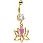 Clear Gem Pink Faux Opal Gold Plated Framework Lotus Flower Dangle Belly Ring