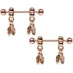 14G .94 Rose Gold Fair Weather Feather Dangle Nipple Ring Set