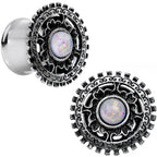 1/2 White Faux Opal Steel Finely Framed Double Flare Plug Set