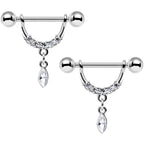 14G 3/4 Clear Gem Steel Drip Drop Dangle Nipple Ring Set