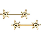 14G 5/8 Gold Plated Steel Sheriffs Badge Nipple Barbell Set
