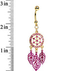 Pink Gem Gold Anodized Steel Dream Leaf Dangle Belly Ring