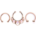16G Pink Faux Opal Rose Gold Tone Twisted Horseshoe Clip On Fake Septum Ring Set