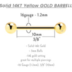 Solid 14k Yellow Gold Barbell Straight Barbell Ring 16G 3/8 3mm