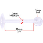 16G 3/8 Clear Flexible Bioplast Labret Monroe Tragus Retainer