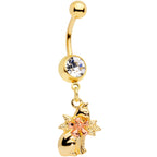 Clear Gem Gold Tone Kitty Cat With A Corsage Dangle Belly Ring