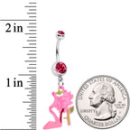 Pink Gems Tricolor Rose Flower and Stiletto Heel Dangle Belly Ring