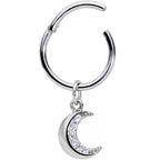 16G 3/8 Clear CZ Gem Crescent Moon Dangle Hinged Segment Ring