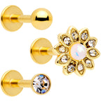 16G 5/16 White Faux Opal Gold Tone Flower Labret Curation Set of 3