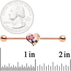 14G Clear Pink Gem Flower Heart Rose Gold Tone Barbell Industrial