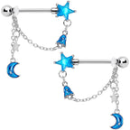 14G 5/8 Blue Gem Rocket Star Moon Dangle Barbell Nipple Ring Set