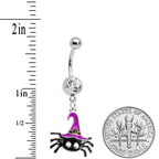 Clear Gem Black Purple Witchy Spider Halloween Dangle Belly Ring