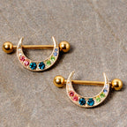 14G 7/8 Multicolor Gem Gold Tone Crescent Nipple Shield Set