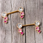 14G 9/16 Clear Pink Red Gem Heart Barbell Nipple Ring Set