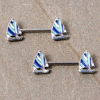 14G 9/16 Blue White Nautical Sailboat Barbell Nipple Ring Set