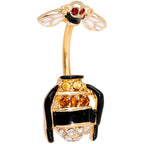 Clear Black Yellow Gem Gold Tone Bee Double Mount Belly Ring