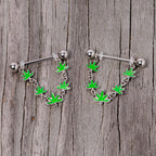 14G 5/8 Green Marijuana Pot Leaf Dangle Barbell Nipple Ring Set