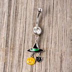 Clear Gem Witch Hat Bat Orange Pumpkin Halloween Dangle Belly Ring
