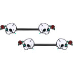 14G 9/16 Black PVD Rose Scary Skull Halloween Nipple Ring Set