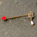 14G Gold Tone Red Flower Birdcage Industrial Barbell 38mm