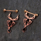 9/16 Rose Gold Tone Black Gem Spider Halloween Dangle Nipple Ring Set