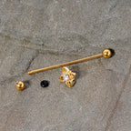 14G Clear CZ Gem Gold Tone Open Flower Industrial Barbell 38mm