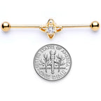 14G Clear CZ Gem Gold Tone Open Flower Industrial Barbell 38mm
