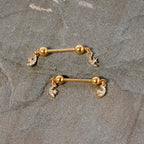 14G 9/16 Clear Gem Gold Tone Moon Dangle Barbell Nipple Ring Set