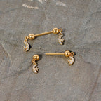 14G 9/16 Clear Gem Gold Tone Moon Dangle Barbell Nipple Ring Set