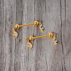 14G 9/16 Clear Gem Gold Tone Moon Dangle Barbell Nipple Ring Set