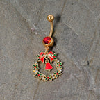 Red Gem Gold Tone Holiday Bell Wreath Christmas Dangle Belly Ring