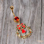 Red Gem Gold Tone Holiday Bell Wreath Christmas Dangle Belly Ring