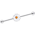 14G Yellow Gem White Daisy Flower Industrial Barbell 38mm