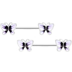 14G 9/16 White Purple Butterfly Barbell Nipple Set