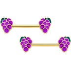 14G 9/16 Gold Tone Sweet Purple Grapes Barbell Nipple Ring Set