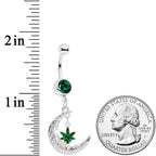 Green Gem Marijuana Pot Leaf Moon Dangle Belly Ring