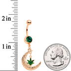 Green Gem Rose Gold Tone Marijuana Pot Leaf Moon Dangle Belly Ring