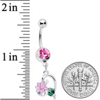 Pink Gem Sweet Flower Heart Dangle Belly Ring