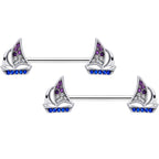 14G 5/8 Blue Purple Clear Gem Sailboat Barbell Nipple Ring Set