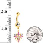 Clear Pink CZ Gem Gold Tone Classic Cross Dangle Belly Ring