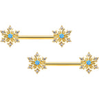 14G 9/16 Blue CZ Gem Gold Tone Snowflake Barbell Nipple Ring Set