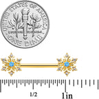 14G 9/16 Blue CZ Gem Gold Tone Snowflake Barbell Nipple Ring Set