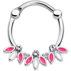 16G 3/8 Clear Gem White Pink Leaves Septum Clicker