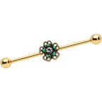 14G Gold Tone Green Flower St Patricks Industrial Barbell 38mm