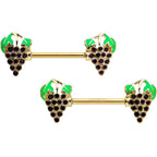 14G 9/16 Gold Tone Delicious Grapes Fruit Barbell Nipple Ring Set
