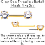 14G 1/2 Clear CZ Gem Gold Tone Threadless Nipple Ring Set