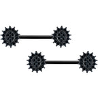 14G 5/8 Black Gem Black Oval Sunburst Barbell Nipple Ring Set