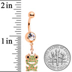 Clear Green Gem Rose Gold Tone Royal Frog Dangle Belly Ring