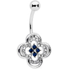 Clear Blue Gem Stylized Deco Cross Belly Ring